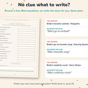May include: A questionnaire form titled No clue what to write? with a list of 16 numbered prompts for a bachelorette crossword. The document includes blank fields for answers and examples showing how user responses like Margarita, Dancing Queen, and Harry Styles are converted into clues.