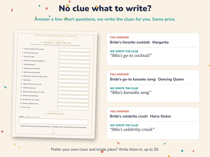 May include: A questionnaire form titled No clue what to write? with a list of 16 numbered prompts for a bachelorette crossword. The document includes blank fields for answers and examples showing how user responses like Margarita, Dancing Queen, and Harry Styles are converted into clues.