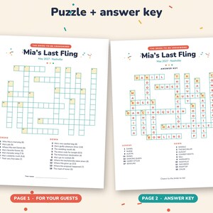 May include: Two white paper sheets featuring a crossword puzzle titled Mia's Last Fling, May 2027 - Nashville. The left sheet is a blank puzzle for guests, and the right sheet is the completed answer key with words like Daniel, Nurse, and Austin.