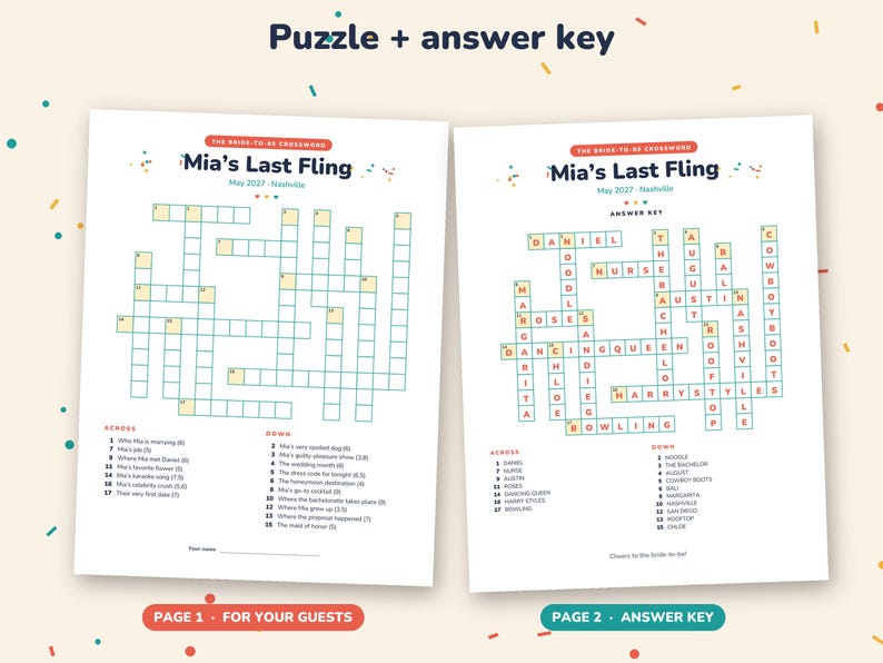 May include: Two white paper sheets featuring a crossword puzzle titled Mia's Last Fling, May 2027 - Nashville. The left sheet is a blank puzzle for guests, and the right sheet is the completed answer key with words like Daniel, Nurse, and Austin.