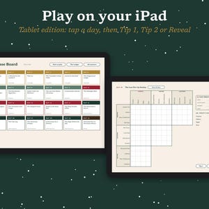 May include: Two digital tablet screens displaying a mystery game interface. The left screen shows a grid of 24 numbered case files titled The Case Board. The right screen displays a crossword-style puzzle grid with fields for suspect notes.