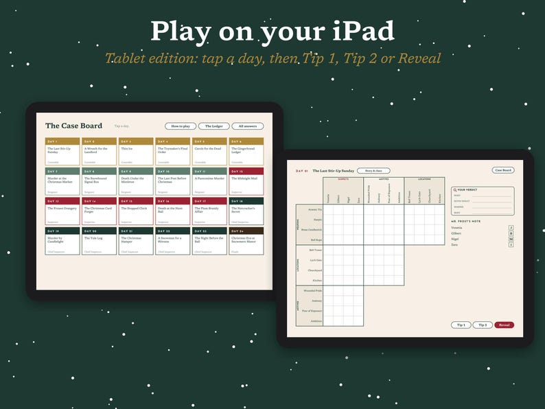 May include: Two digital tablet screens displaying a mystery game interface. The left screen shows a grid of 24 numbered case files titled The Case Board. The right screen displays a crossword-style puzzle grid with fields for suspect notes.