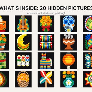 May include: A grid of 20 colorful icons on black squares with the text WHAT'S INSIDE: 20 HIDDEN PICTURES and Answers included &mdash; no peeking! The icons feature items like a candle, guitar, flowers, skulls, moon, banners, incense, bird, and butterfly.