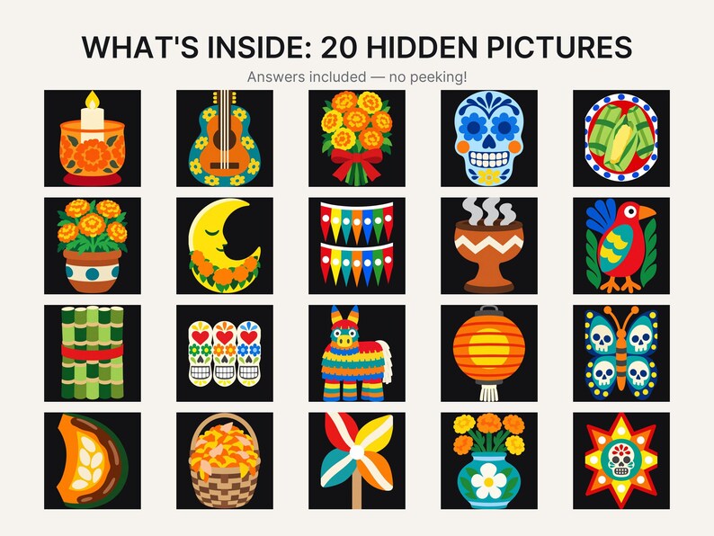 May include: A grid of 20 colorful icons on black squares with the text WHAT'S INSIDE: 20 HIDDEN PICTURES and Answers included &mdash; no peeking! The icons feature items like a candle, guitar, flowers, skulls, moon, banners, incense, bird, and butterfly.