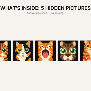 以下が含まれることがあります： WHAT'S INSIDE: 5 HIDDEN PICTURES および Answers included &mdash; no peeking! というテキストが記載された画像。その下には、大きな緑色の目をした猫の正方形のイラストが5つ並んでおり、トラ猫、三毛猫、あくびをするオレンジ色の猫などが描かれています。
