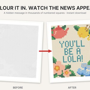 May include: A printable activity sheet featuring a grid of numbered squares. The before image shows a blank grid, while the after image reveals a colorful design with a red teapot, yellow lemon, flowers, and the text YOU'LL BE A LOLA!