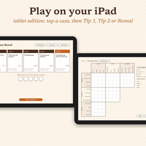 May include: Two tablets displaying a digital mystery game interface. The left screen shows The Case Board with five case options. The right screen displays a grid puzzle with columns for suspects, motives, and locations, featuring buttons for Tip 1, Tip 2, and Reveal.