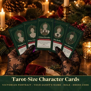 May include: A set of five rectangular tarot-size character cards with dark green borders and Victorian-style portraits. Each card displays a name, such as Ethan Brooks, a role, and a dress code. The cards are held in black lace-covered hands.