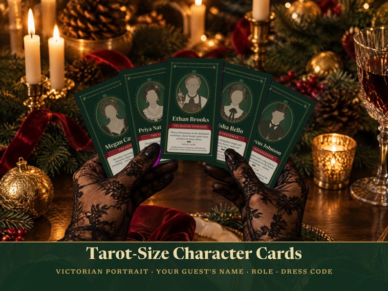 May include: A set of five rectangular tarot-size character cards with dark green borders and Victorian-style portraits. Each card displays a name, such as Ethan Brooks, a role, and a dress code. The cards are held in black lace-covered hands.