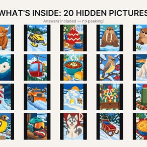 May include: A grid of 20 colorful illustrations featuring winter scenes, animals, and food items, titled WHAT'S INSIDE: 20 HIDDEN PICTURES. The images include a highland cow, snowmobile, teapot, walrus, beaver, beluga whale, ski lift, soup, bird, wolf, lighthouse, snowplow, igloo, gifts, thermos, bird, helmet, husky, sled, and pie.