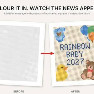 Pu&ograve; includere: Un foglio di attivit&agrave; stampabile con una griglia di quadrati numerati. Il testo recita COLOUR IT IN. WATCH THE NEWS APPEAR. A hidden message in thousands of numbered squares. La versione completata mostra il testo RAINBOW BABY 2027.