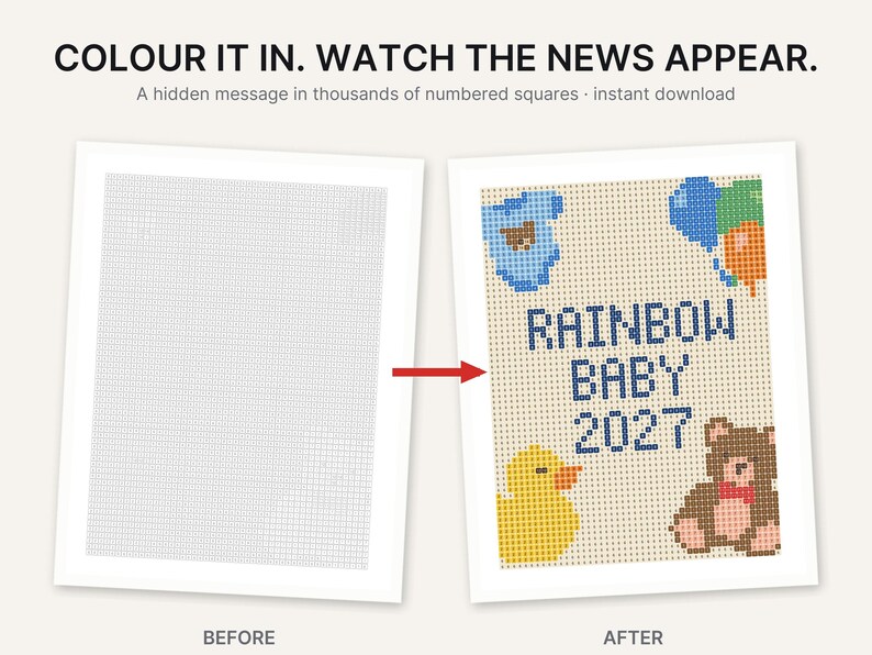 Pu&ograve; includere: Un foglio di attivit&agrave; stampabile con una griglia di quadrati numerati. Il testo recita COLOUR IT IN. WATCH THE NEWS APPEAR. A hidden message in thousands of numbered squares. La versione completata mostra il testo RAINBOW BABY 2027.