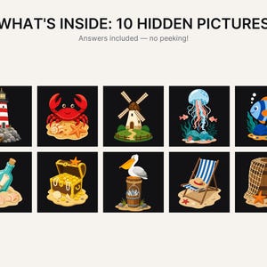 Op de afbeelding: Een afbeelding met de titel WHAT'S INSIDE: 10 HIDDEN PICTURES met de tekst Answers included &mdash; no peeking! eronder. De afbeelding toont tien vierkante panelen met kleurrijke illustraties van een vuurtoren, krab, windmolen, kwal, vis, flessenpost, schatkist, pelikaan, strandstoel en een houten vat met een visnet.