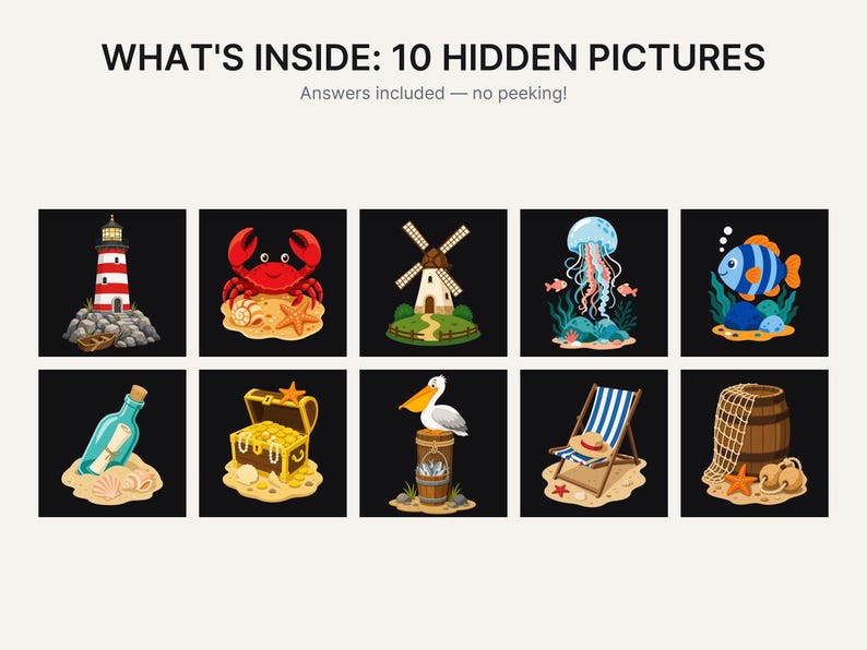 Op de afbeelding: Een afbeelding met de titel WHAT'S INSIDE: 10 HIDDEN PICTURES met de tekst Answers included &mdash; no peeking! eronder. De afbeelding toont tien vierkante panelen met kleurrijke illustraties van een vuurtoren, krab, windmolen, kwal, vis, flessenpost, schatkist, pelikaan, strandstoel en een houten vat met een visnet.