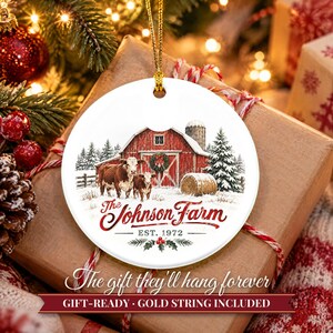Farm Ornament Christmas 2026, Red Barn Family Name Est Keepsake, Farmhouse Cows Hay Bale Country Decor, Farmer Gift Ceramic Ornament image 11
