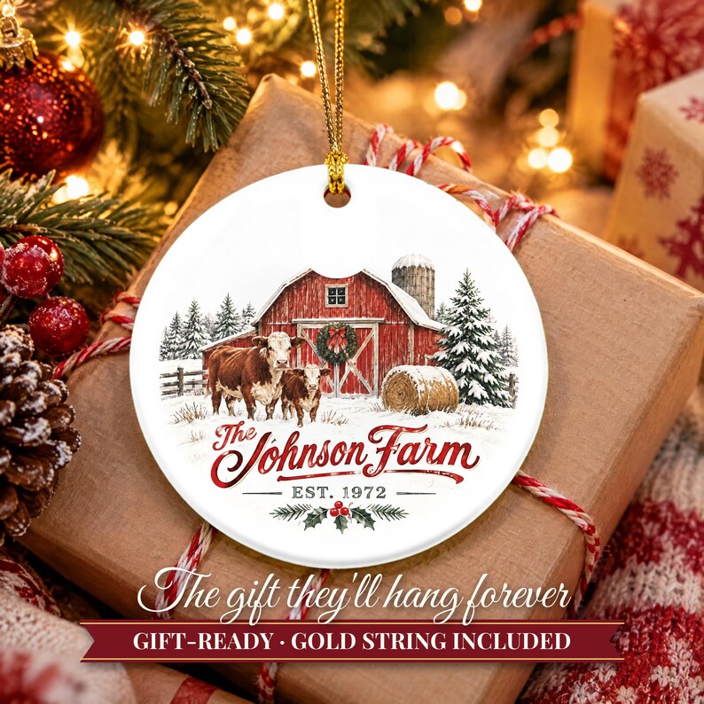 Farm Ornament Christmas 2026, Red Barn Family Name Est Keepsake, Farmhouse Cows Hay Bale Country Decor, Farmer Gift Ceramic Ornament image 11