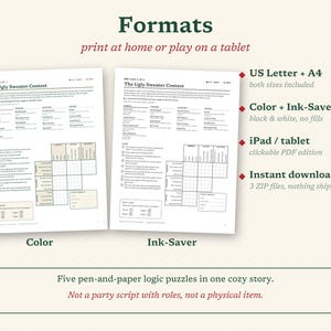 May include: A digital logic puzzle game titled The Ugly Sweater Contest, presented in two formats: a colour version and a black and white ink-saver version. The document includes text, clues, and a grid for solving five pen-and-paper logic puzzles.