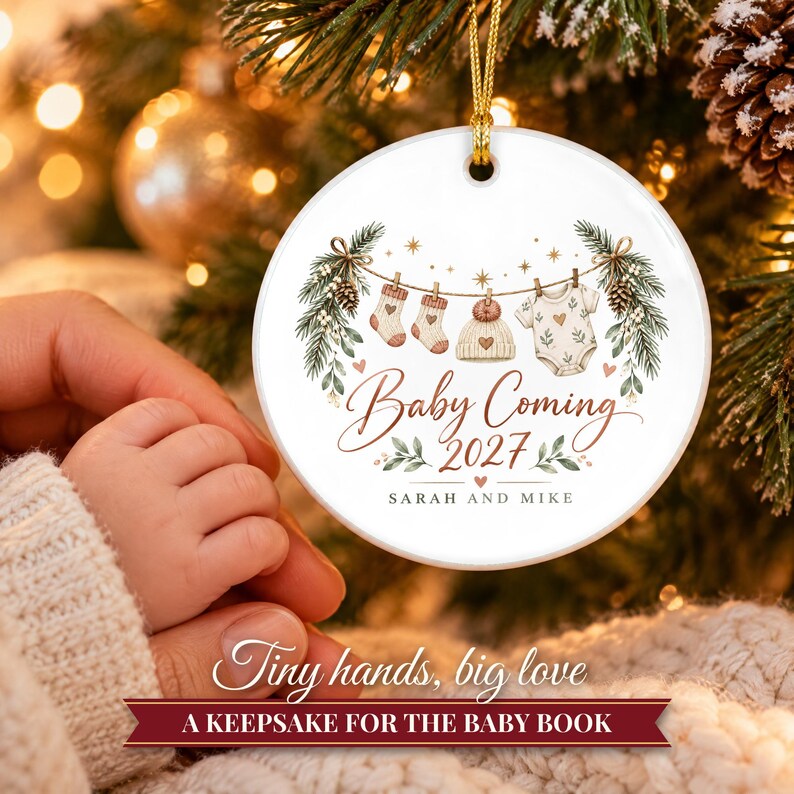 Pregnancy Announcement Ornament, Baby Coming 2027 Christmas Reveal, Expecting Parents Gift, Baby on the Way Keepsake with Name image 6