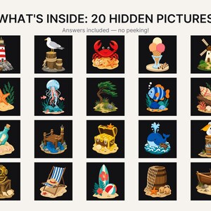 May include: A grid of 20 square illustrations titled WHAT'S INSIDE: 20 HIDDEN PICTURES. The icons feature coastal and nautical themes including a lighthouse, seagull, crab, ice cream, windmill, starfish, jellyfish, tree, fish, shell, bottle, pier, chest, whale, pelican, helmet, chair, surfboard, barrel, and boat.