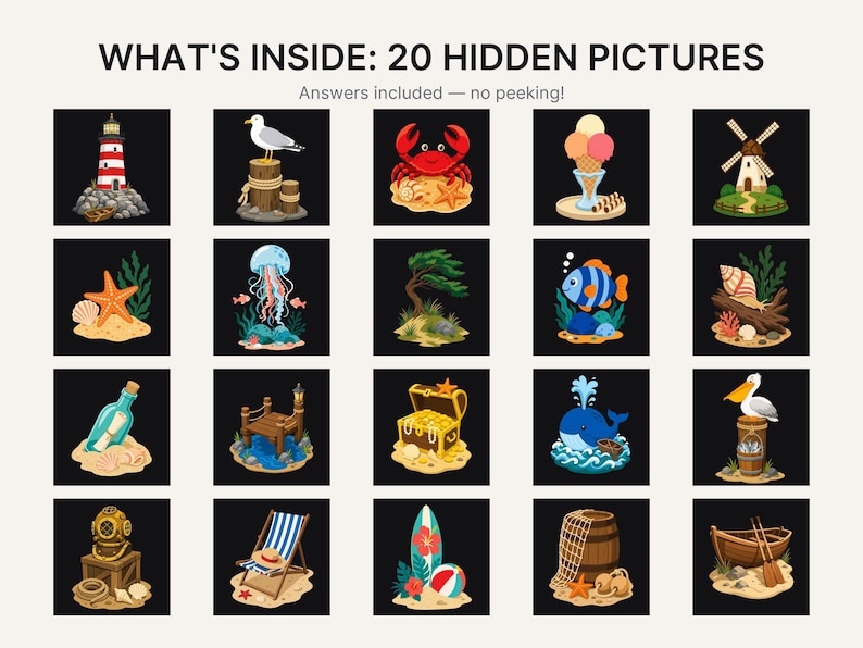 May include: A grid of 20 square illustrations titled WHAT'S INSIDE: 20 HIDDEN PICTURES. The icons feature coastal and nautical themes including a lighthouse, seagull, crab, ice cream, windmill, starfish, jellyfish, tree, fish, shell, bottle, pier, chest, whale, pelican, helmet, chair, surfboard, barrel, and boat.