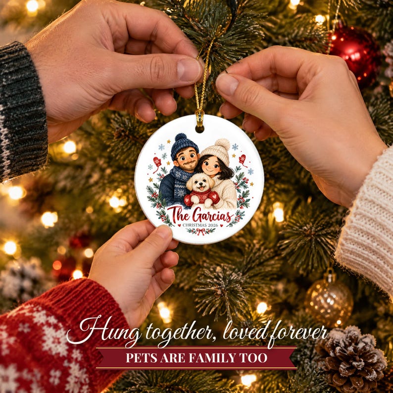 Family Christmas Ornament 2026 from Photo, 2 Sided Custom Cartoon Portrait with Pets and Names, Family of 4 5 6, Keepsake for Grandparents bild 15