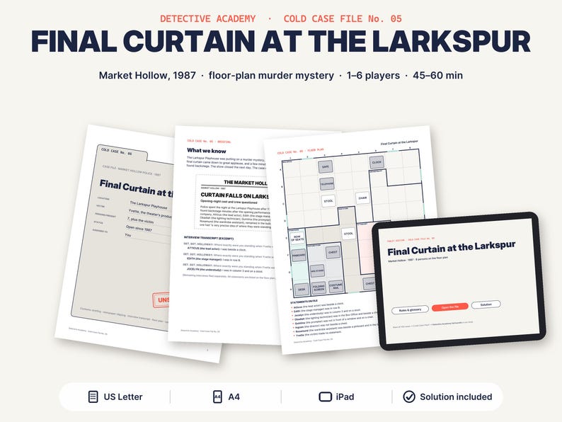 May include: A murder mystery game titled Final Curtain at the Larkspur, featuring printed documents including a case file, floor plan, and interview transcripts, alongside a digital tablet display showing the game title and navigation buttons.