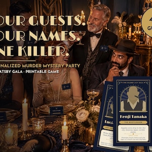 K&ouml;nnte beinhalten: Ein druckbares Krimi-Partyspiel mit einem 1920er-Jahre Gatsby-Gala-Thema f&uuml;r 4-8 G&auml;ste. Das Spiel enth&auml;lt Charakterkarten mit Namen wie Kenji Tanaka und Clara Okafor sowie den Text: YOUR GUESTS. YOUR NAMES. ONE KILLER.