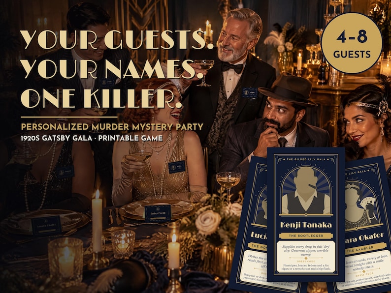 K&ouml;nnte beinhalten: Ein druckbares Krimi-Partyspiel mit einem 1920er-Jahre Gatsby-Gala-Thema f&uuml;r 4-8 G&auml;ste. Das Spiel enth&auml;lt Charakterkarten mit Namen wie Kenji Tanaka und Clara Okafor sowie den Text: YOUR GUESTS. YOUR NAMES. ONE KILLER.