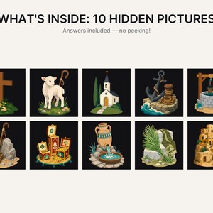 K&ouml;nnte beinhalten: Eine Grafik mit dem Titel WHAT'S INSIDE: 10 HIDDEN PICTURES und dem Untertitel Answers included &mdash; no peeking! mit zehn quadratischen Illustrationen, die ein Kreuz, ein Lamm, eine Kirche, einen Anker, einen Brunnen, Sandalen, Schatztruhen, einen Wasserkrug, Palmwedel und ein W&uuml;stendorf zeigen.