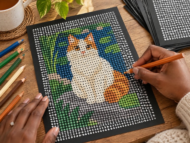 May include: A diamond painting kit featuring a cat with white and orange fur sitting among green foliage. The black canvas is printed with a grid of symbols for colour-coded placement. A stack of additional black canvases sits nearby.