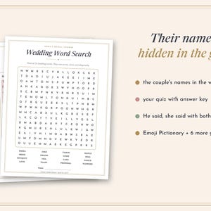 May include: A white paper wedding word search game sheet with black text and a grid of letters. The header reads Wedding Word Search and lists words like Emma, Jake, and Love. To the right, text reads Their names, hidden in the grid, followed by a list of game features.