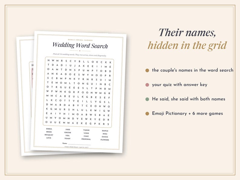 May include: A white paper wedding word search game sheet with black text and a grid of letters. The header reads Wedding Word Search and lists words like Emma, Jake, and Love. To the right, text reads Their names, hidden in the grid, followed by a list of game features.