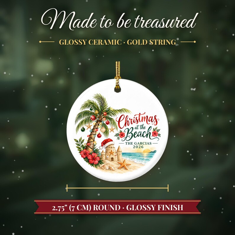 Beach Christmas Ornament 2026, Coastal Family Vacation Keepsake, Holidays at the Beach Custom Name Decor, Palm Tree Starfish Ceramic Gift 画像 5