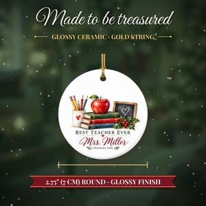 Teacher Ornament 2026, Best Teacher Ever Christmas Keepsake with Name, Apple and Books, Appreciation Gift from Student image 5