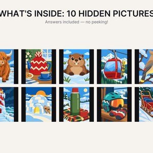 May include: A graphic titled WHAT'S INSIDE: 10 HIDDEN PICTURES featuring ten square illustrations of winter scenes including a highland cow, teapot, beaver, ski lift, bird, lighthouse, igloo, thermos, ski gear, and a wooden sled on snow.