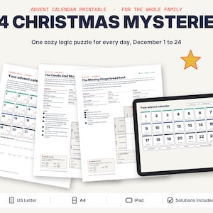 May include: A printable advent calendar set titled 24 Christmas Mysteries, featuring logic puzzles for December 1 to 24. The set includes multiple paper sheets with grid puzzles and a tablet displaying a digital version of the calendar grid.