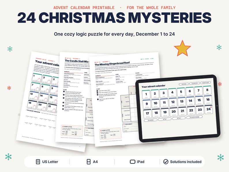 May include: A printable advent calendar set titled 24 Christmas Mysteries, featuring logic puzzles for December 1 to 24. The set includes multiple paper sheets with grid puzzles and a tablet displaying a digital version of the calendar grid.