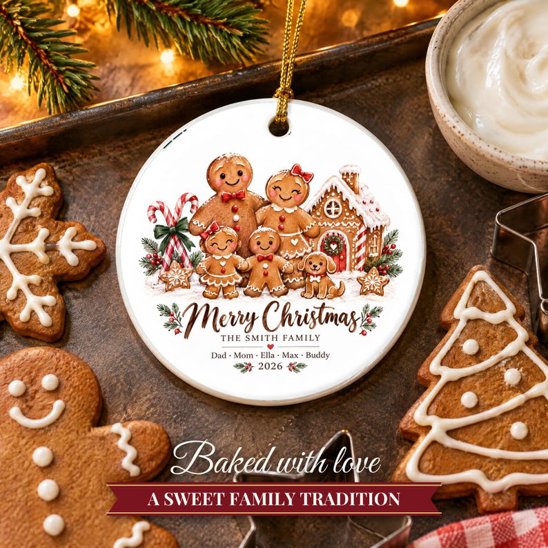 Gingerbread Family Ornament 2026, Personalized Christmas Ornament with Names and Pets, Custom Gingerbread Keepsake, Gift for Grandparents image 6