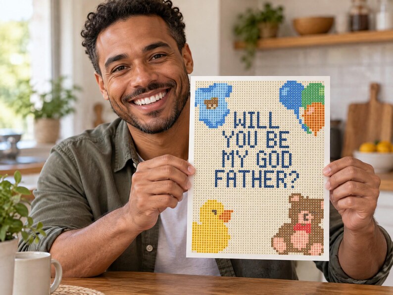 K&ouml;nnte beinhalten: Ein rechteckiger Druck mit einem Pixel-Art-Design auf hellbeigem Hintergrund. Der Text lautet WILL YOU BE MY GOD FATHER? in Dunkelblau. Die Grafiken umfassen einen blauen Baby-Body, drei bunte Luftballons, eine gelbe Ente und einen braunen Teddy.