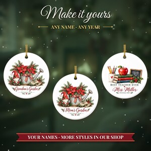 Gardener Gift Christmas Ornament 2026, Mom's Garden Custom Name Keepsake, Watering Can Poinsettia Gnome Ceramic Decor for Plant Lover image 3