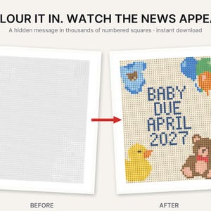 May include: A printable activity sheet featuring a grid of numbered squares. The before image shows a blank grid, while the after image reveals the text BABY DUE APRIL 2027, a blue onesie, colorful balloons, a yellow duck, and a brown teddy bear.