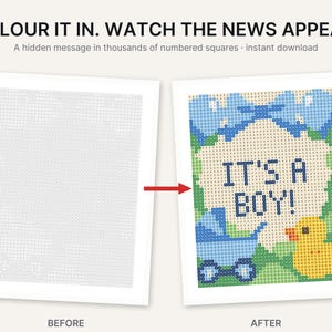May include: A color-by-number activity sheet featuring the text COLOUR IT IN. WATCH THE NEWS APPEAR. A hidden message in thousands of numbered squares. The image shows a before and after view of a grid revealing the text IT'S A BOY! with a blue stroller, a yellow duck, and blue balloons.