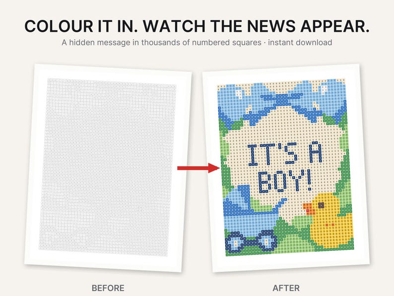 May include: A color-by-number activity sheet featuring the text COLOUR IT IN. WATCH THE NEWS APPEAR. A hidden message in thousands of numbered squares. The image shows a before and after view of a grid revealing the text IT'S A BOY! with a blue stroller, a yellow duck, and blue balloons.