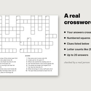 May include: A black and white crossword puzzle sheet featuring a grid of empty squares, numbered clues for across and down entries, and text that reads A real crossword, Your answers cross, Numbered squares, Clues listed below, Letter counts like (5,6), Up to 20 answers, checked by a real person.