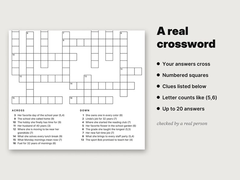 May include: A black and white crossword puzzle sheet featuring a grid of empty squares, numbered clues for across and down entries, and text that reads A real crossword, Your answers cross, Numbered squares, Clues listed below, Letter counts like (5,6), Up to 20 answers, checked by a real person.