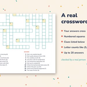 May include: A crossword puzzle with a grid of white squares outlined in teal, featuring numbered boxes. The text reads A real crossword, Your answers cross, Numbered squares, Clues listed below, Letter counts like (5,6), Up to 20 answers, checked by a real person.