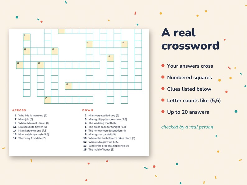 May include: A crossword puzzle with a grid of white squares outlined in teal, featuring numbered boxes. The text reads A real crossword, Your answers cross, Numbered squares, Clues listed below, Letter counts like (5,6), Up to 20 answers, checked by a real person.