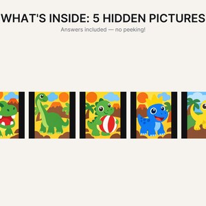 Op de afbeelding: Een afbeelding met de tekst WHAT'S INSIDE: 5 HIDDEN PICTURES en Answers included &mdash; no peeking! Onder de tekst staan vijf vierkante illustraties van kleurrijke cartoon-dinosaurussen in prehistorische landschappen met vulkanen en palmbomen.