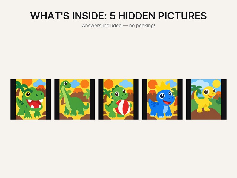 Op de afbeelding: Een afbeelding met de tekst WHAT'S INSIDE: 5 HIDDEN PICTURES en Answers included &mdash; no peeking! Onder de tekst staan vijf vierkante illustraties van kleurrijke cartoon-dinosaurussen in prehistorische landschappen met vulkanen en palmbomen.