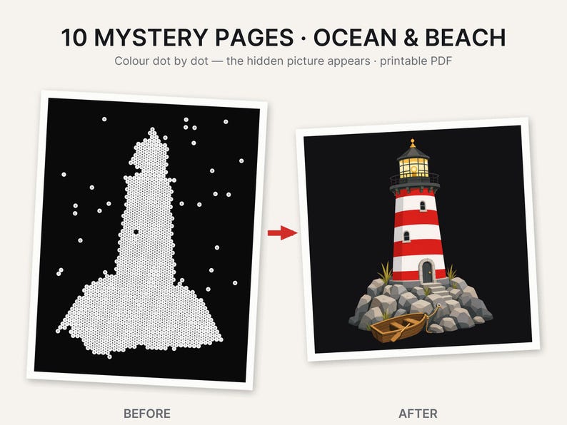 Op de afbeelding: Een printbare PDF-set getiteld 10 MYSTERY PAGES OCEAN & BEACH. De linker afbeelding toont een zwarte achtergrond met witte stippen die een vuurtoren vormen. De rechter afbeelding toont een voltooide illustratie van een rood-witte vuurtoren.